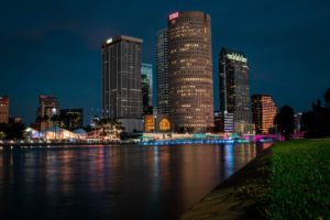 city skyline across body of water during night time